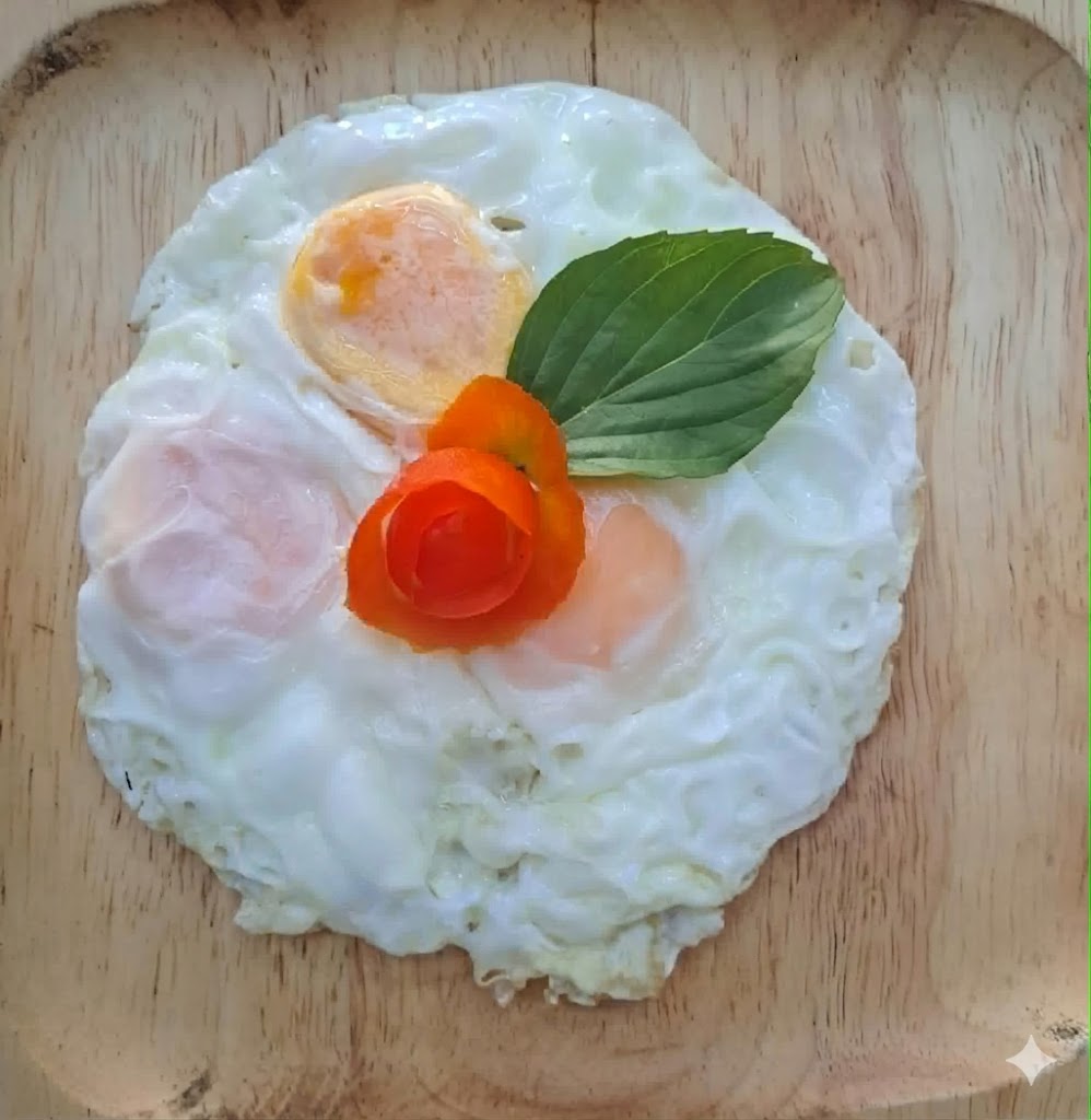 Fried egg with tomato garnish